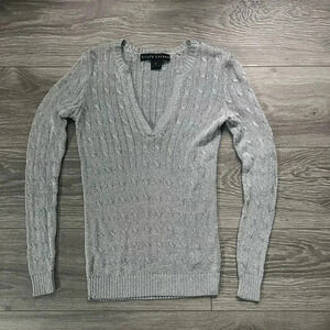 Ralph Lauren Black Label Silver V Neck Cable Knit Sweater Size XS Quiet Luxury